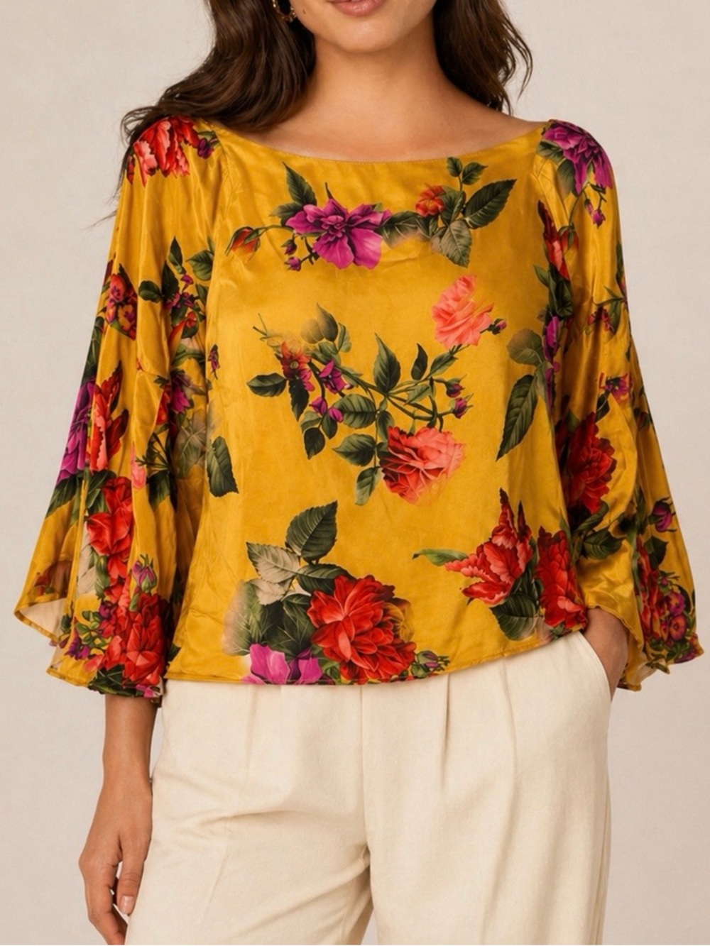 Alice + Olivia Yellow Floral Blouse Sheer Bell Sleeve Top Lined Size S, Petite